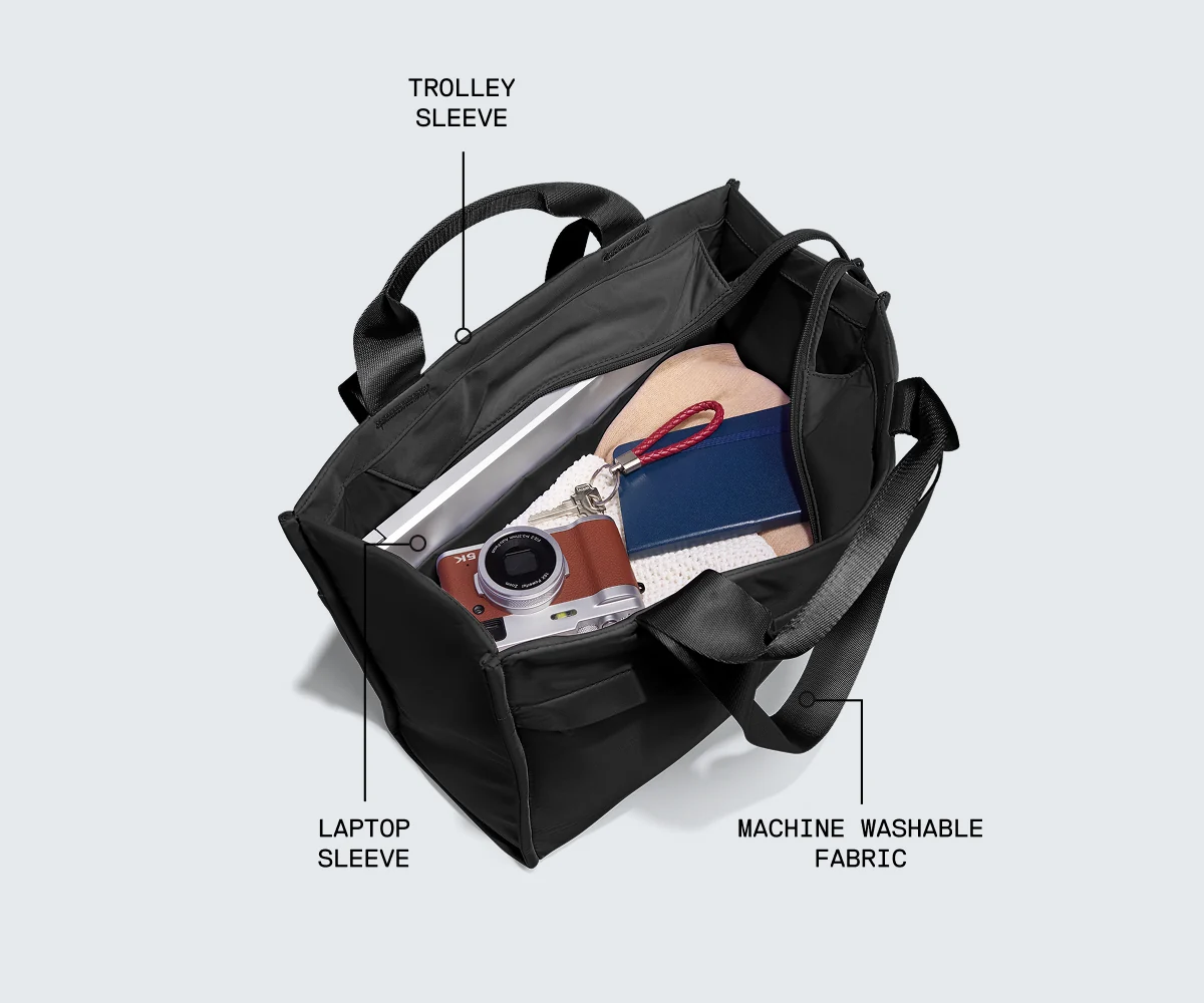 Black tote bag shown open with labeled callouts pointing to the trolley sleeve, laptop sleeve, and machine washable fabric, with travel items inside on a light gray background.