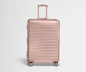 Front view of Large: Aluminum Edition luggage with handles raised