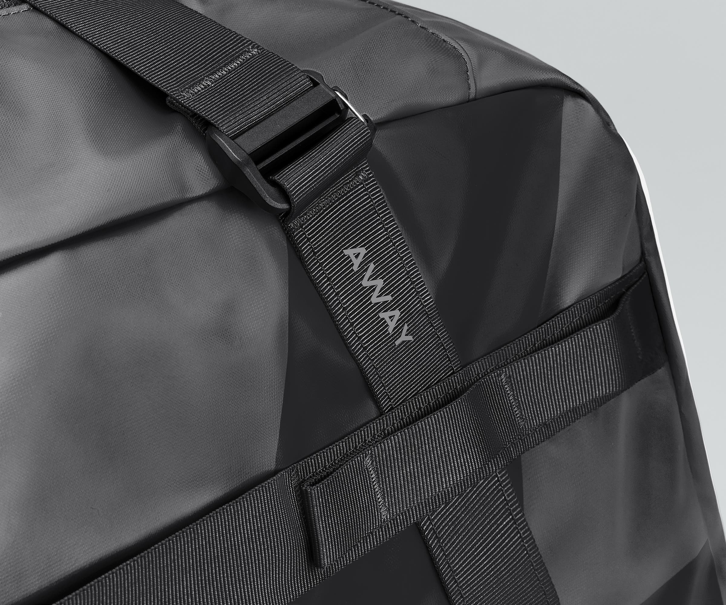 Close up view of the abrasion-resistant material and Away logo